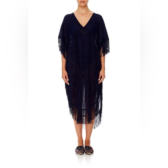 Camilla Navy Fringed Kaftan - Picture 2 of 11